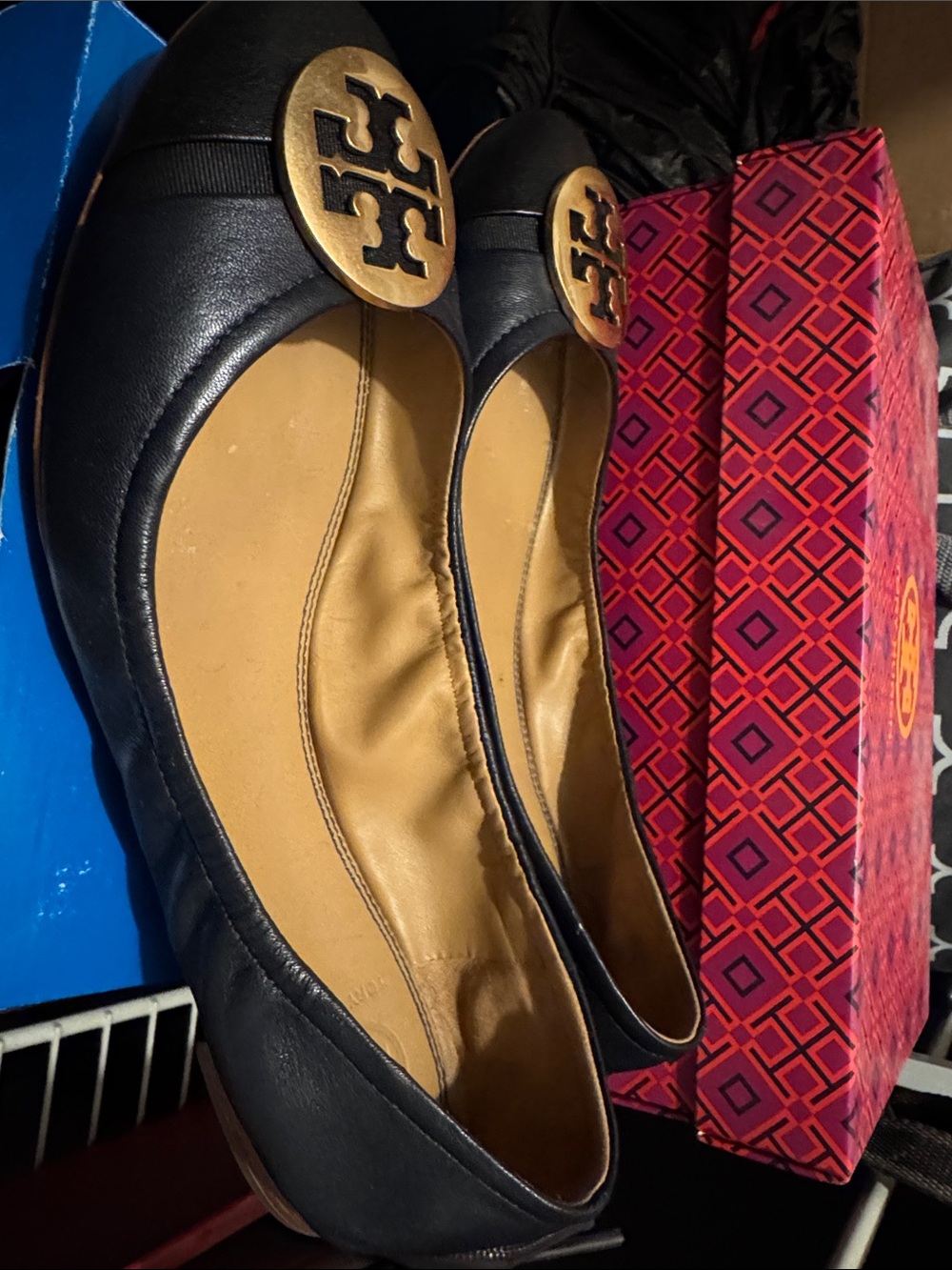 Tory Burch Navy Leather Ballet Flats with Gold Logo